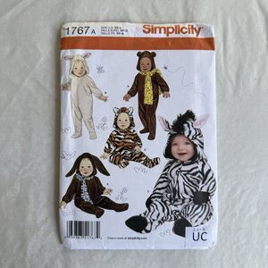 Simplicity 1767 Costume Sewing Pattern Cat Rabbit Zebra Bear Baby Childs XS-L UC